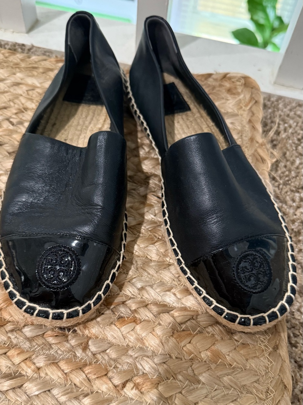 Tory Burch Black Leather Espadrille Flats with Patent Logo Cap